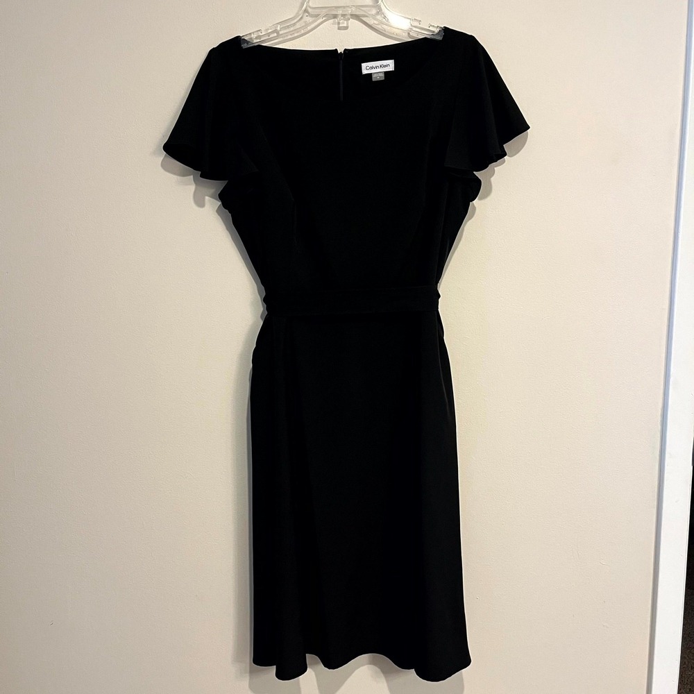Calvin Klein Dress Black A Line Flutter Sleeve Belted Pockets Knee Length 14